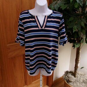 Rafaella Blue Striped T-Shirt with V neck, Size XL
